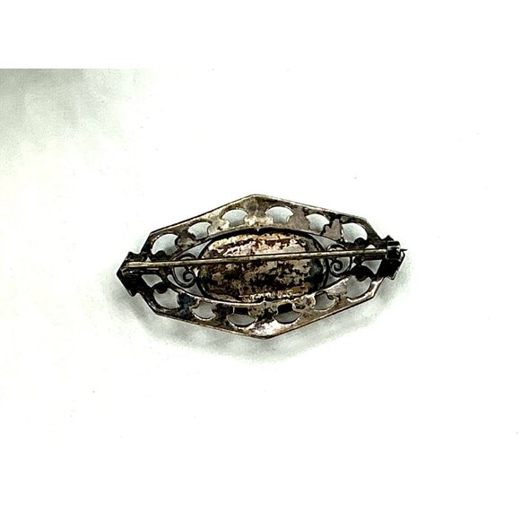 Antique Filigree Silver Tone Brooch With Hand-Painted Oval Glass Insert Depictin - Picture 5 of 6